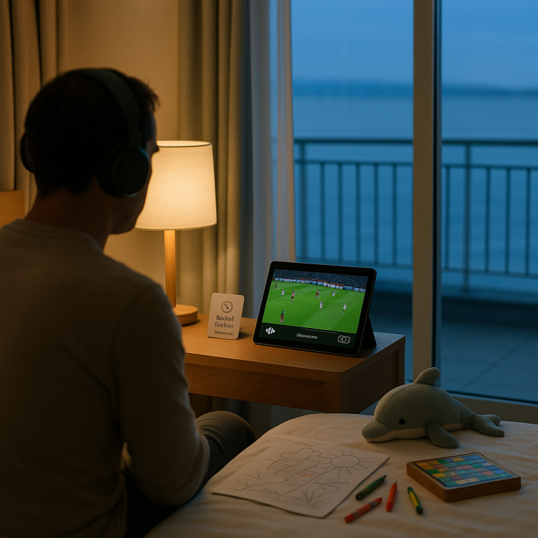 Cozy coastal hotel room at dusk where a guest with headphones quietly watches a