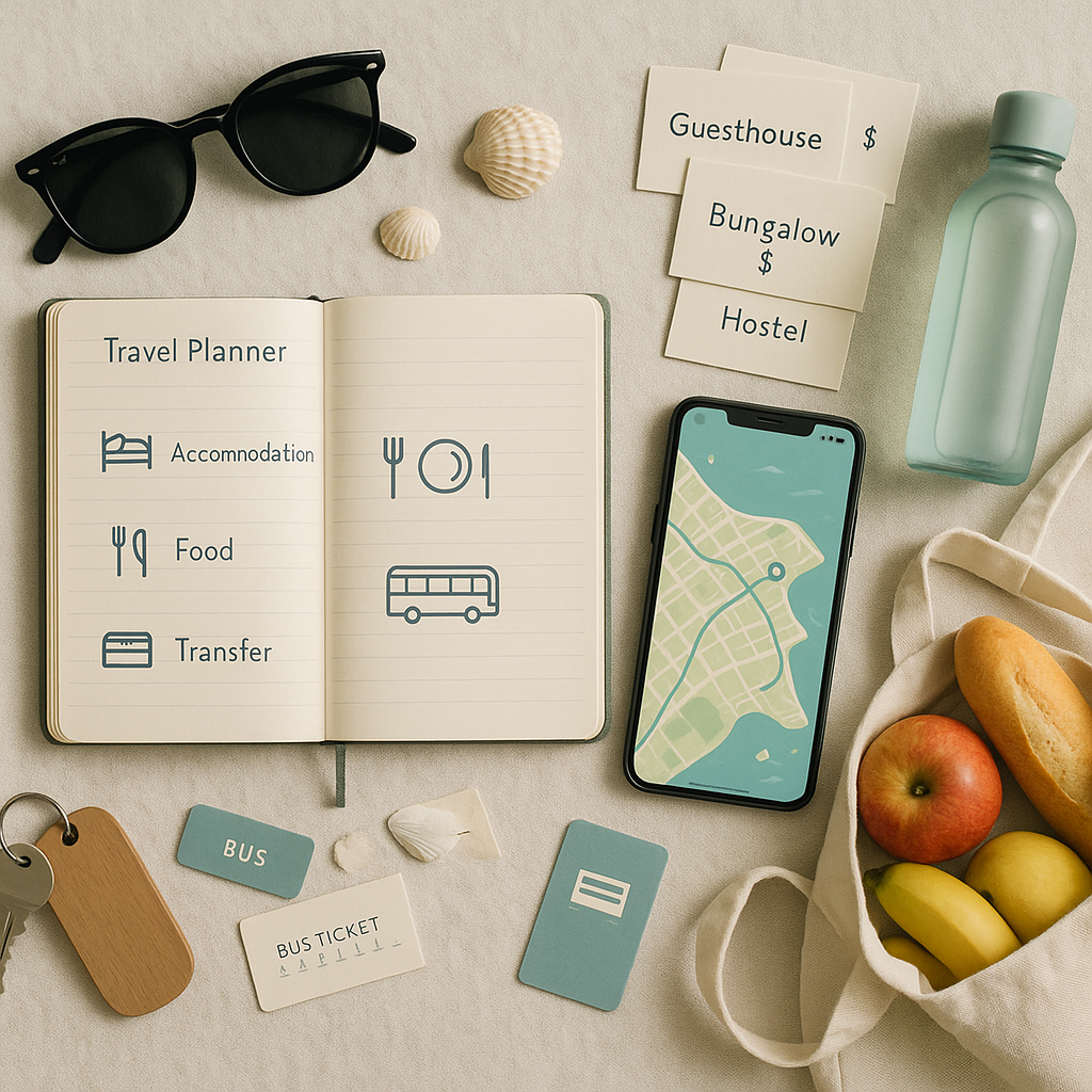 Overhead photo of a tidy coastal-themed flat lay: a notebook with icon-marked sections for