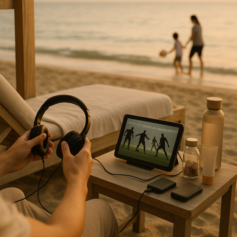 Fußball entspannt im Strandhotel sehen: Tablet am Meer, Familie spielt, Kopfhörer, Sonnenuntergang