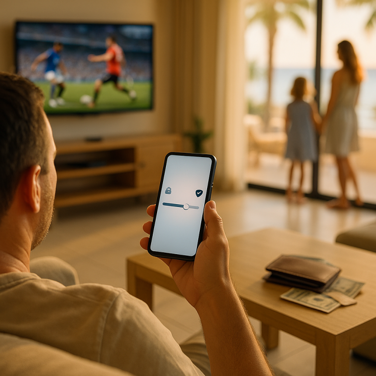 Entspannte Familie im Strandhotel schaut Sport, wettet verantwortungsvoll mit Budget und Limits.