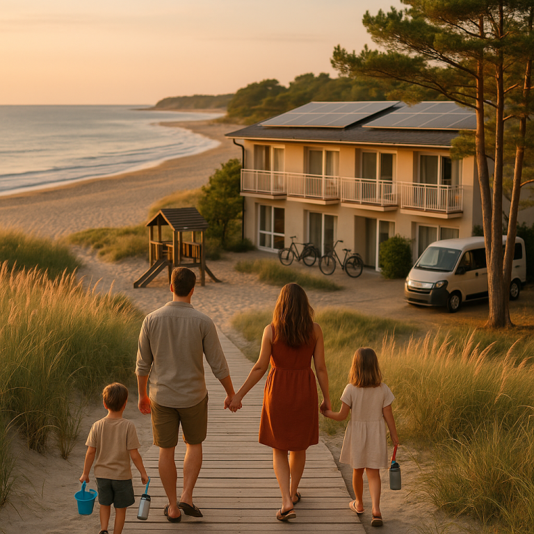 Familie auf ruhigem Strandweg vor nachhaltigem, kinderfreundlichem Strandhotel und ruhiger Bucht