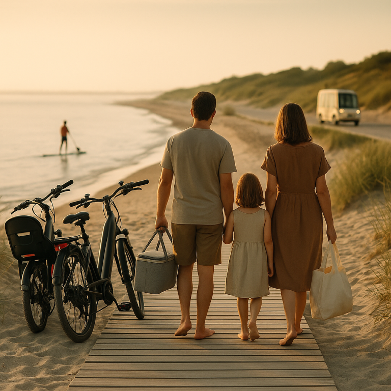 Sanfter Strandtourismus: Familie am ruhigen Küstensteg, E‑Bikes, SUP, nachhaltiger Picknickkorb