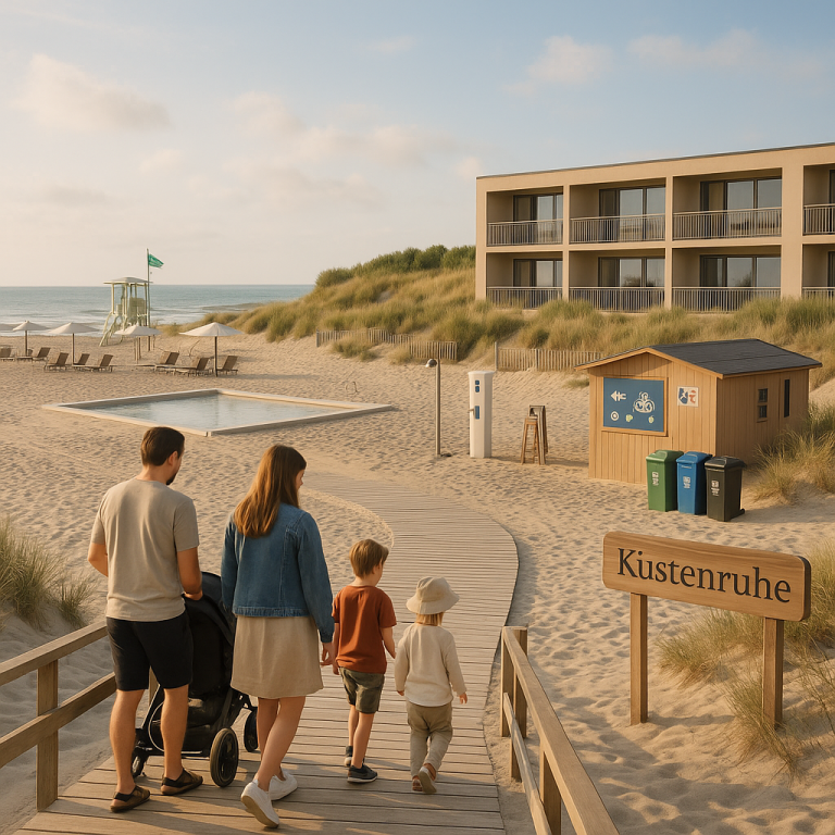 Wide-angle morning photo of the Kuestenruhe family beach hotel: family with stroller on a