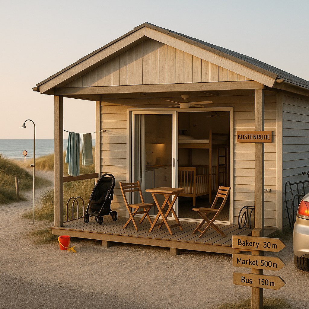 Simple beachside bungalow labeled Küstenruhe near dunes, porch with stroller and sand toys, open